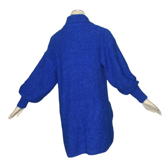 Vintage 80s Royal Blue Balloon Sleeves Cardigan Sweater Open Front Pockets M - Picture 6 of 10
